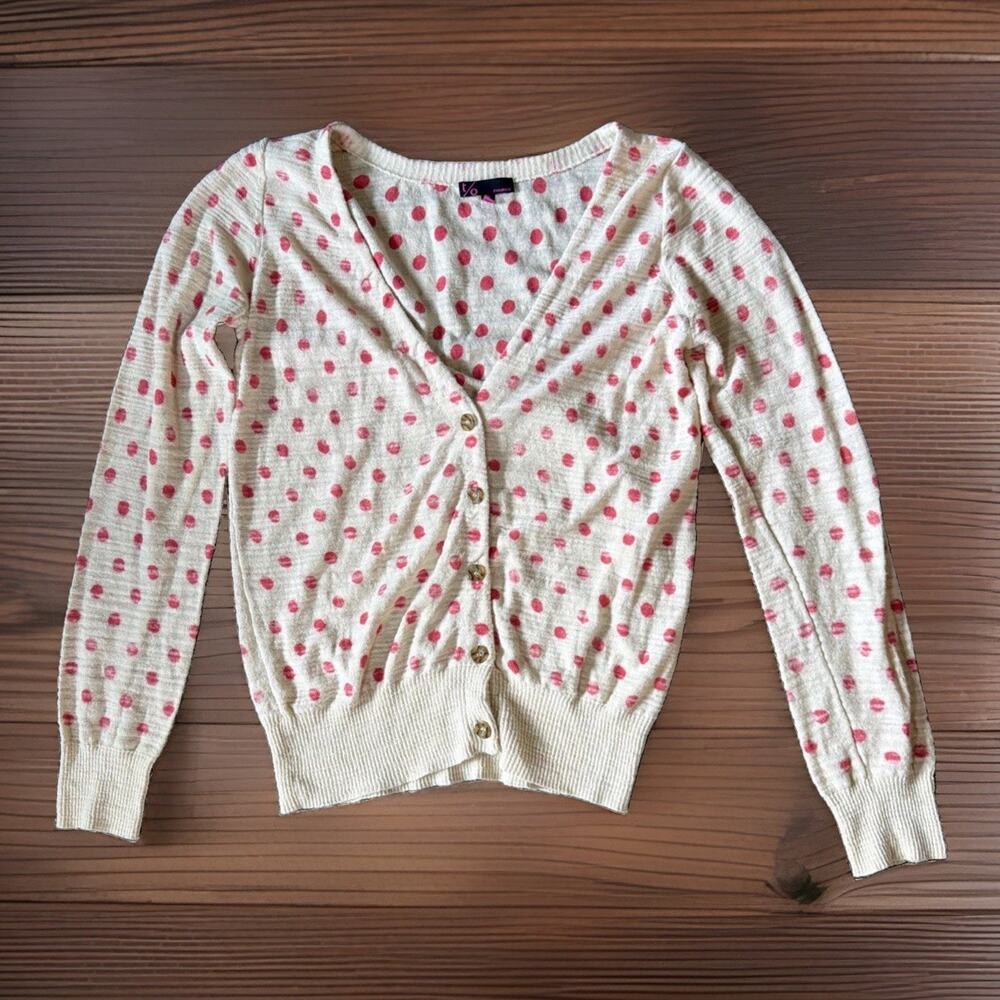 Y2K T/O Sweaters Sz M Pink Polka Dot Cardigan Coquette Preppy Twee Cotton Knit